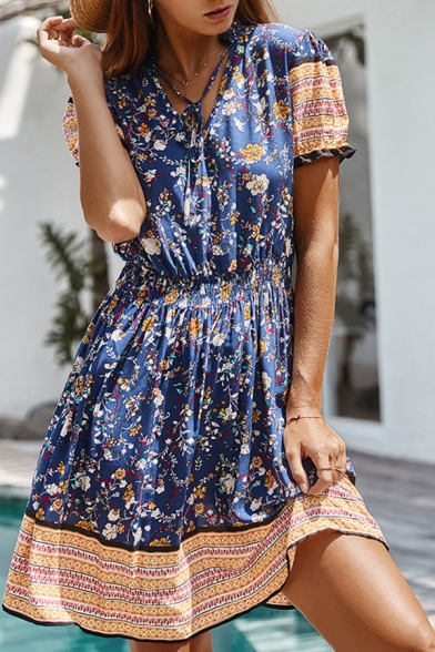 Ethnic Short Sleeve V-Neck All-Over Flower Patchwork Bow Tie Front Short A-Line Dress for Beach Girls