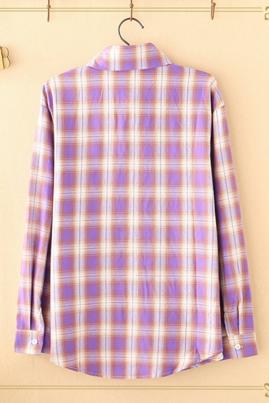 Fancy Girls Purple Long Sleeve Lapel Neck Checkered Printed Dog Pocket Panel Relaxed Shirt