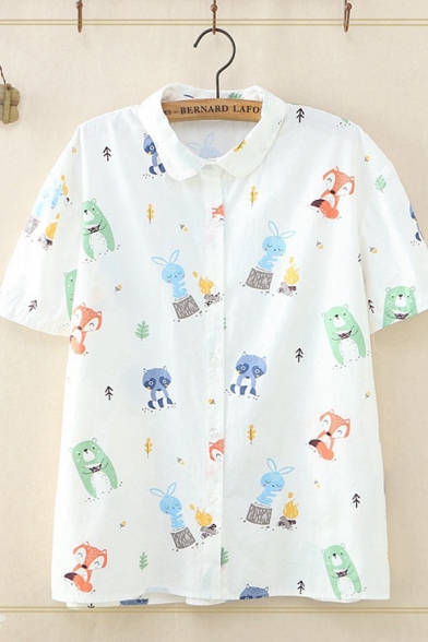 Fashionable Short Sleeve Lapel Collar Button Down Allover Cartoon Animal Printed Relaxed Shirt for Girls