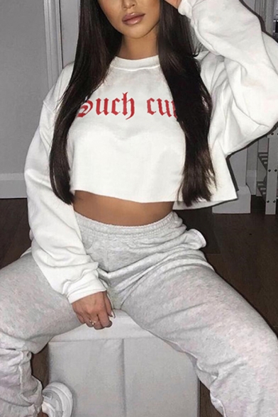 Hip Hop Girls Long Sleeve Crew Neck Letter SUCH CUTE Print Relaxed Fit Crop Sweetheart Top in White