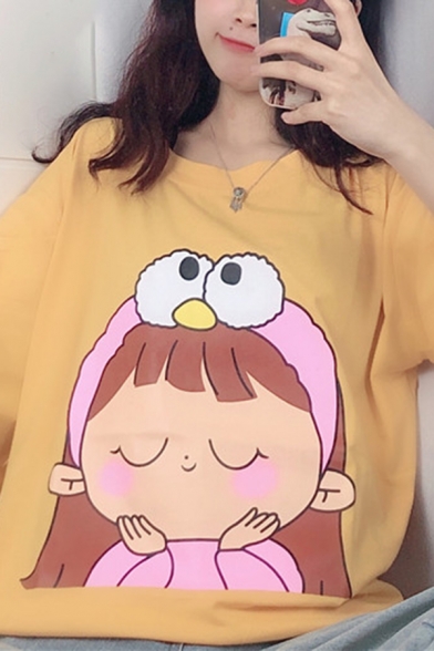Korean Fashion Short Sleeve Crew Neck Cartoon Girl Cat Print Loose Fit T-Shirt for Girls