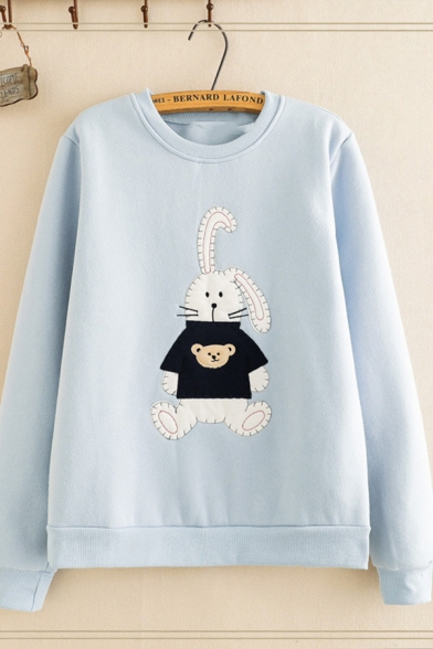 Korean Girls' Long Sleeve Crew Neck Rabbit Embroidered Loose Fit Pullover Sweatshirt