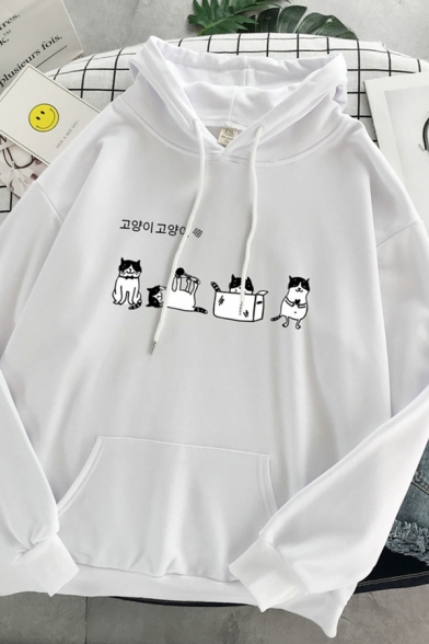 Kpop Long Sleeve Drawstring Korean Letter Cat Graphic Pouch Pocket Relaxed Hoodie for Girls