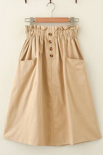 Leisure Fashion Womens Elastic Waist Button Front Plain Long A-Line Skirt