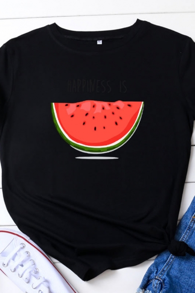Leisure Girls Short Sleeve Round Neck Letter HAPPINESS IS Watermelon Graphic Relaxed T-Shirt