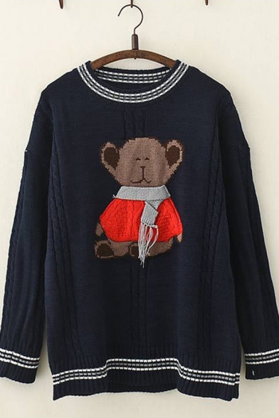 Lovely Girls Long Sleeve Round Neck Bear Printed Striped Cable Knitted Relaxed Sweater