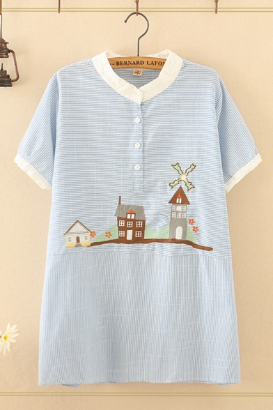Lovely Girls Short Sleeve Stand Collar Button Up Cartoon Houses Embroidered Striped Longline Relaxed Shirt in Blue