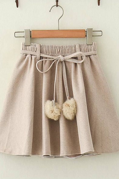 Lovely Girls Solid Color Bow Tie Waist Pom Pom Mini Pleated A-Line Skirt