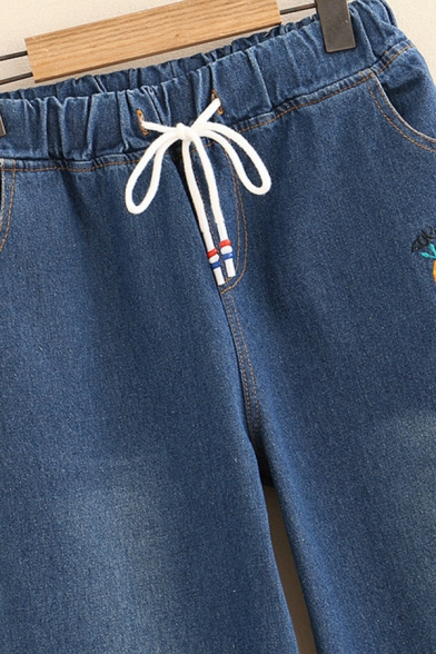 Popular Girls' Drawstring Waist Rabbit Carrot Embroidered Tapered Fit Ankle Jeans
