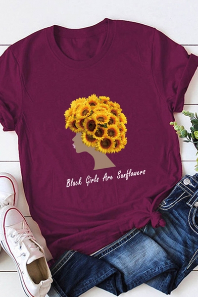 Popular Girls Roll-Up Sleeve Crew Neck Letter Sunflower Girl Graphic Loose T-Shirt