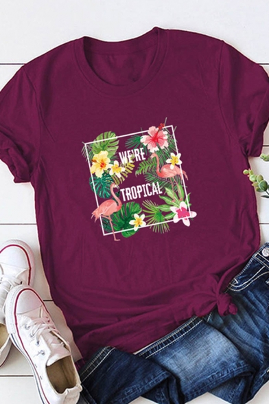 Popular Girls Roll-Up Sleeve Crew Neck Letter WE'RE TROPICAL Flower Graphic Relaxed Tee Top