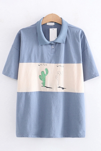 Popular Girls Short Sleeve Lapel Collar Button Up Letter CACTUS Graphic Color Block Relaxed Fit Polo Shirt