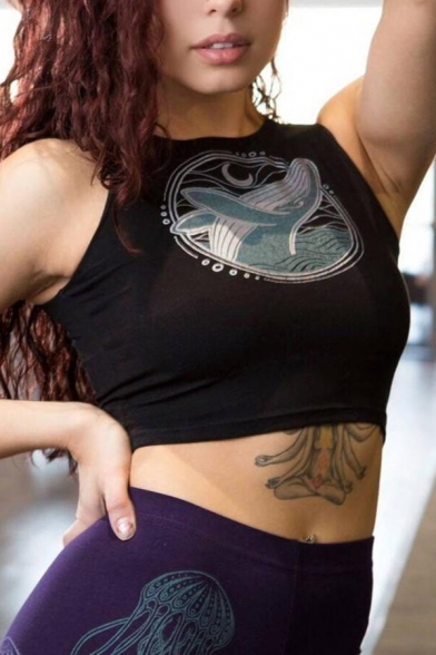 Popular Womens Sleeveless Round Neck Dolphin Jellyfish Printed Slim Fit Crop Tank Top in Black