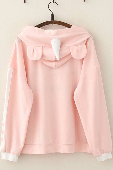 Preppy Girls Long Sleeve Drawstring Japanese Letter Rabbit Embroidery Pouch Pocket Color Block Relaxed Hoodie in Pink