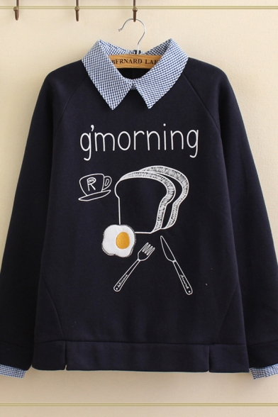 Preppy Girls Long Sleeve Lapel Collar Letter G'MORNING Bread Egg Graphic Plaid Panel False Two Piece Relaxed Pullover Sweatshirt
