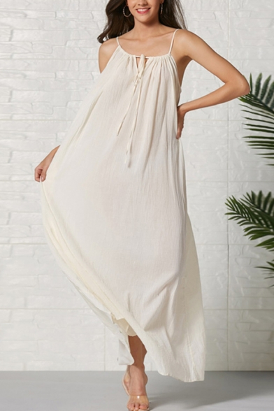 Pretty Beige Sleeveless Tied Neck Ruched Maxi Swing Cami Coast Dress for Women