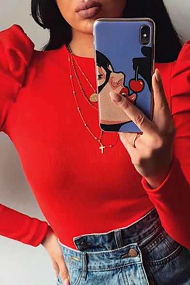 

Pretty Ladies' Puff Sleeve Crew Neck Solid Color Fitted Knit Top in Red, LM594605