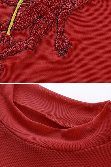 Sexy Womens Red Short Sleeve Mock Neck Letter EL DIABLO Cartoon Embroidery Semi-Sheer Mesh Fitted Crop Tee