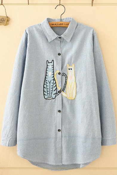 Simple Classic Long Sleeve Lapel Neck Button Up Stripe Printed Cat Embroidery Curved Hem Loose Shirt for Girls