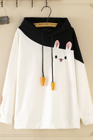 Student Girls' Lovely Long Sleeve Carrot Drawstring Rabbit Pattern Oversize Color Block Hoodie