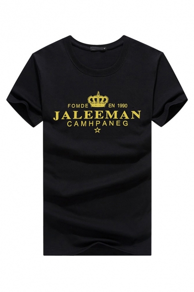 Stylish Short Sleeve Crew Neck Letter JALEEMAN Crown Graphic Fitted T-Shirt