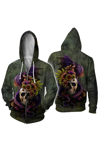 Stylish Street Mens Long Sleeve Zipper Front Drawstring Skull Floral All Over 3D Printed Loose Fit Hoodie