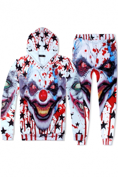 Terrible Blood Star Clown 3D Pattern Long Sleeve Regular White and Red Hoodie