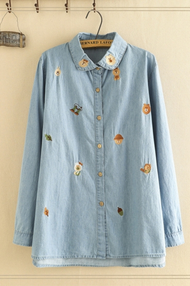 Trendy Ladies' Light Blue Long Sleeve Lapel Collar Bear Embroidered Button Down Long Loose Denim Shirt