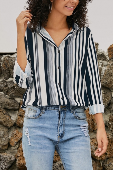 Trendy Street Women's Roll Up Sleeves Lapel Neck Button Front Striped Loose Fit Shirt