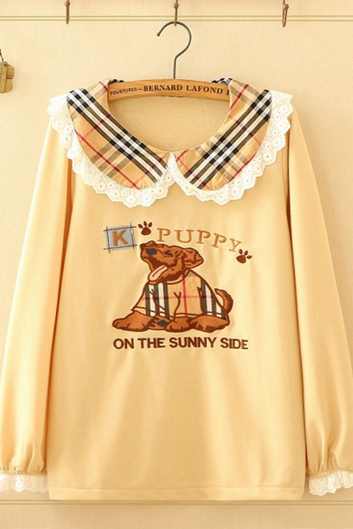 Unique Ladies Long Sleeve Peter Pan Collar Plaid Pattern Lace Trim Letter PUPPY Dog Embroidered Loose Fit T Shirt