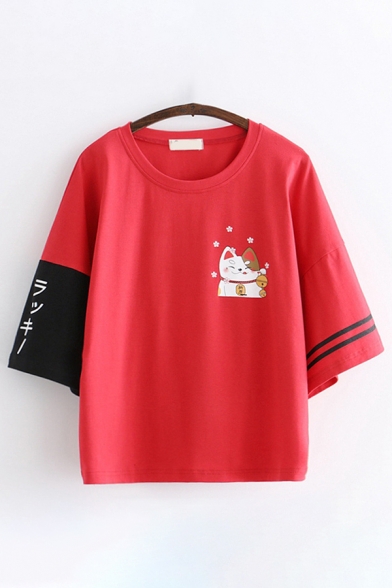 Vintage Womens Three-Quarter Sleeve Round Neck Japanese Letter Cat Graphic Contrast Varsity Stripe Relaxed Fit T Shirt