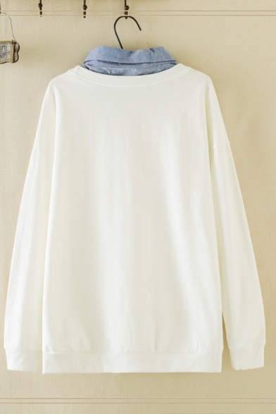 Women's Classic Long Sleeve Lapel Neck Cat Fishbone Pattern False Two-Piece Loose Fit Sweatshirt
