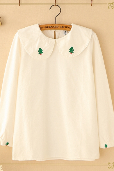 Basic Womens White Long Sleeve Peter Pan Collar Christmas Tree Embroidery Loose Fit Shirt