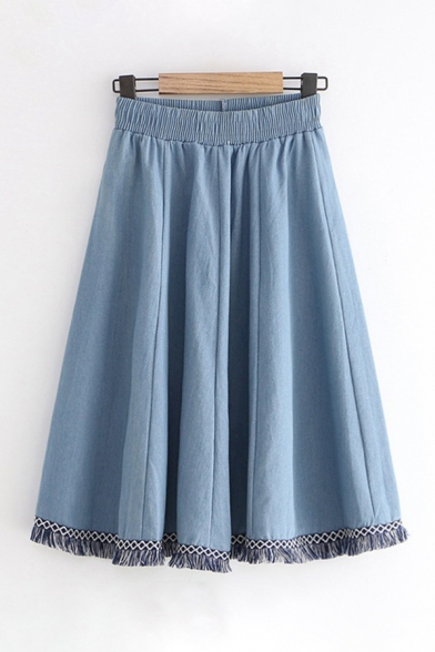Casual Womens Elastic Waist Fringe Hem Long Pleated Plain Denim Skirt