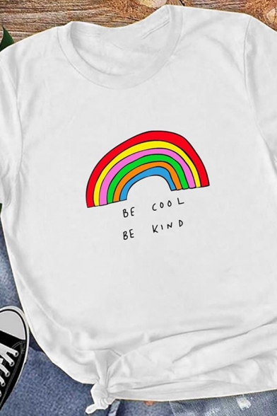 Cute Girls White Roll Up Sleeve Round Neck Letter BE COOL BE KIND Rainbow Slim Fit Graphic Tee