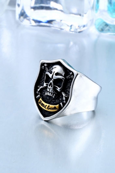 Designer Unique Letter GOOD LUCK Skull Black Goth Ring for Guys