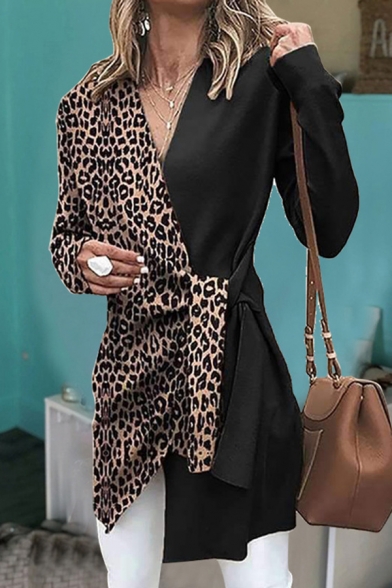 Elegant Stylish Ladies' Long Sleeve Surplice Neck Bow Tie Waist Leopard Printed Colorblock Slim Fit Wrap Cardigan