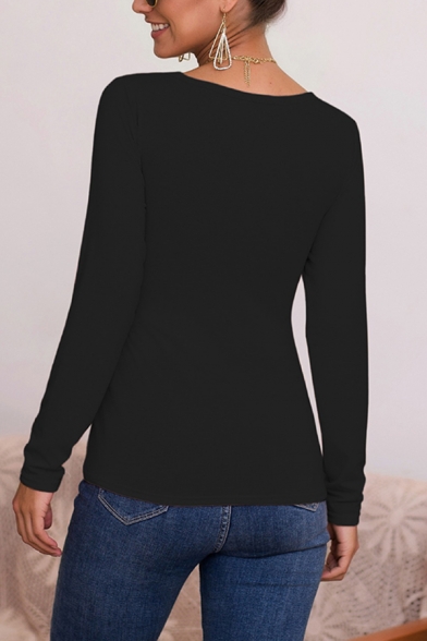 Elegant Women's Long Sleeve V-Neck Solid Color Slim Fit T Shirt