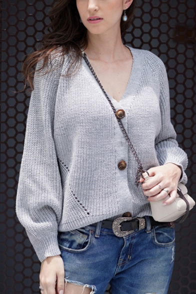 Fashion Pretty Blouson Sleeve V-Neck Button Front Solid Color Knitted Loose Cardigan for Ladies