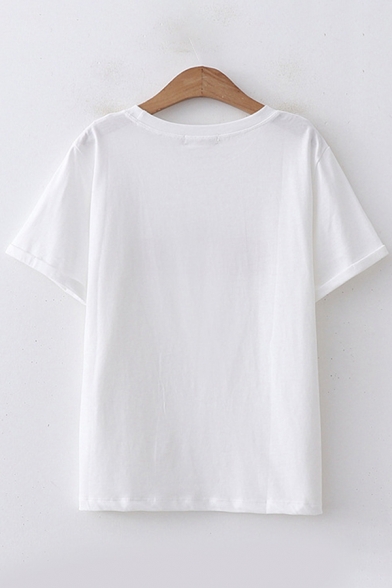 Fashion Womens Short Sleeve Round Neck Letter BRIT CORGI Dog Embroidered Loose T-Shirt