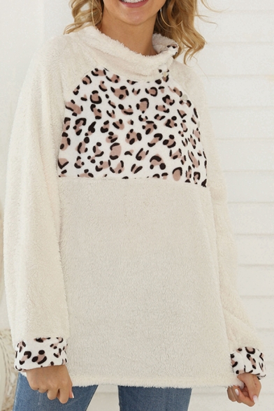 Fashionable Women's Long Sleeve Mock Neck Leopard Panel Fluffy Loose Fit Pullover Sweatshirt