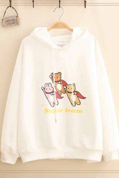Funny Preppy Girls' Long Sleeve Drawstring Letter SUPER TEAM Bear Graphic Loose Fit Hoodie