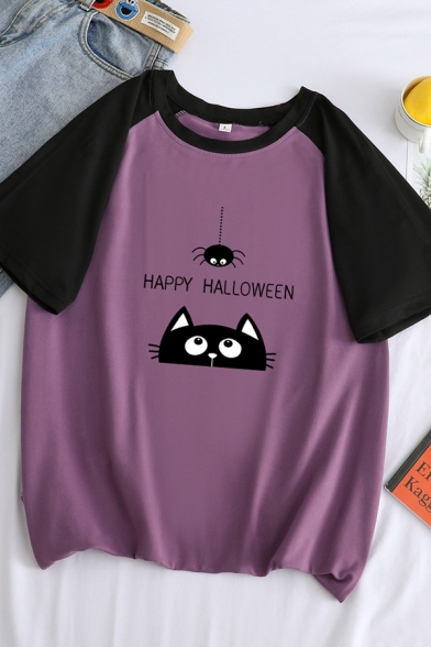 Funny Simple Girls Short Sleeve Crew Neck Letter HAPPY HALLOWEEN Cat Spider Pattern Loose Fit Tee