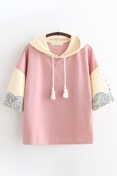 Harajuku Girls Short Sleeve Tassel Drawstring Japenese Letter Floral Graphic Colorblock Relaxed Fit Hoodie