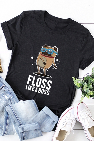 Korean Style Short Sleeve Crew Neck Letter FLOSS LIKE A BOSS Dog Graphic Loose Fit T Shirt for Women
