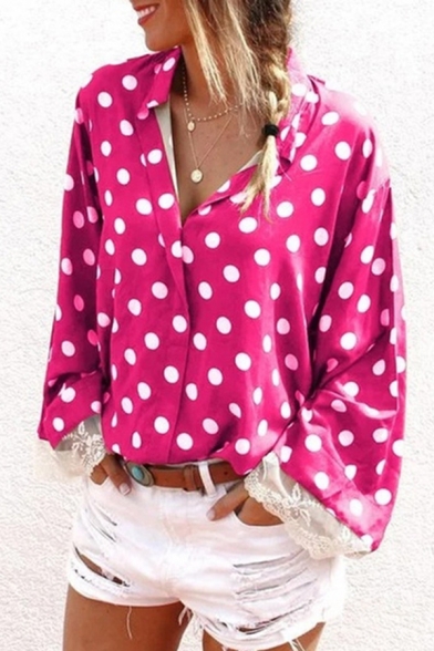 Leisure Cozy Women's Long Sleeve Lapel Neck Polka Dot Printed Lace Trim Loose Fitted Shirt