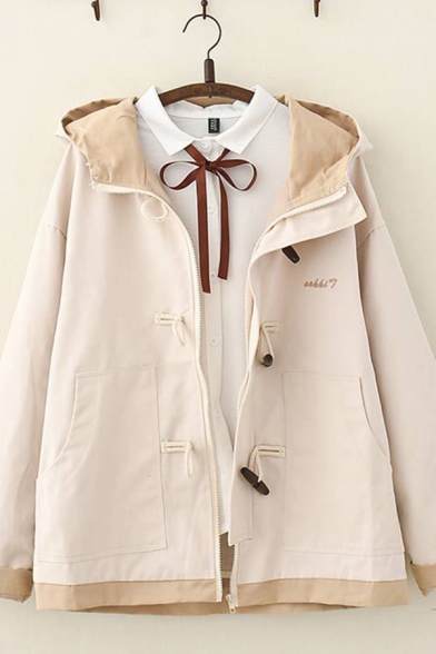 Leisure Preppy Looks Long Sleeve Hooded Button Down Contrasted Letter Print Relaxed Fit Duffle Coat