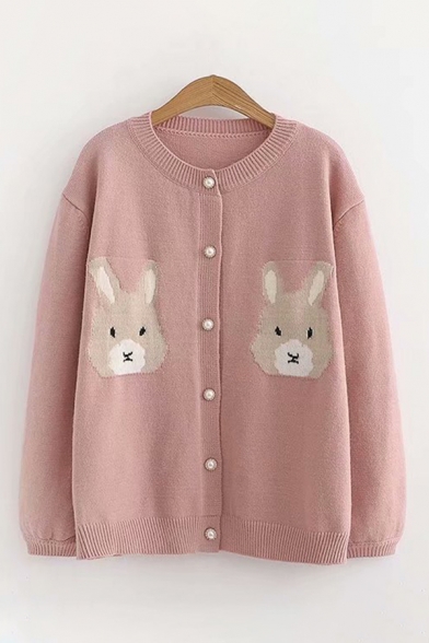 Lovely Girls Long Sleeve Button Down Rabbit Embroidery Knitted Cardigan