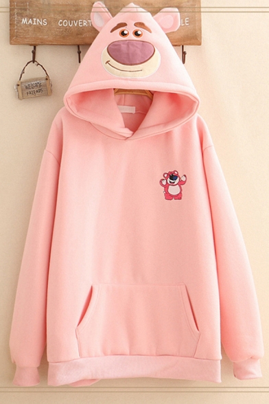

Popular Girls' Long Sleeve Bear Embroidered Pouch Pocket Longline Oversize Bear Ears Hoodie, Black;pink;rose red;yellow, LM596713