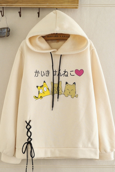 Popular Girls Long Sleeve Drawstring Japanese Letter Cat Graphic Lace Up Loose Hoodie